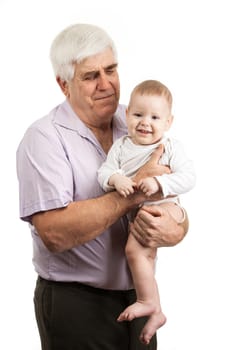 Portrait of a mature grandfather holding grandson over white