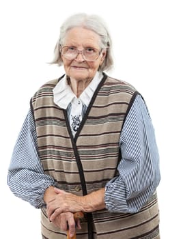 Portrait of a smiling senior woman looking at the camera. Over white background.