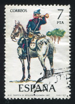 SPAIN - CIRCA 1977: stamp printed by Spain, shows rider, Trumpeter, Divisional Artillery, circa 1977.