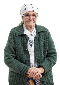 Portrait of a smiling senior woman looking at the camera. Over white background.