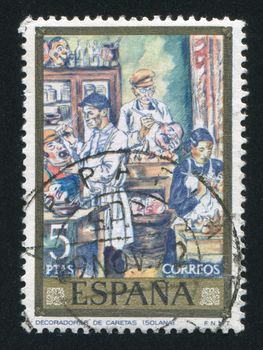 SPAIN - CIRCA 1972: stamp printed by Spain, shows Painting "Mask Makers" by Gutierrez Solana, circa 1972