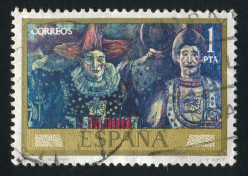 SPAIN - CIRCA 1972: stamp printed by Spain, shows Painting "Clowns" by Gutierrez Solana, circa 1972
