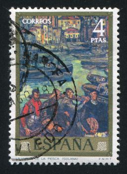 SPAIN - CIRCA 1972: stamp printed by Spain, shows Painting "Return of the Fishermen" by Gutierrez Solana, circa 1972