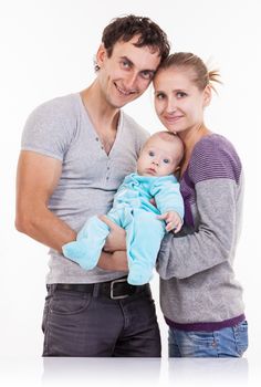Young family with baby boy over white background