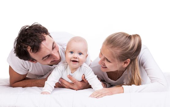 Closeup of young family with baby boy against white background