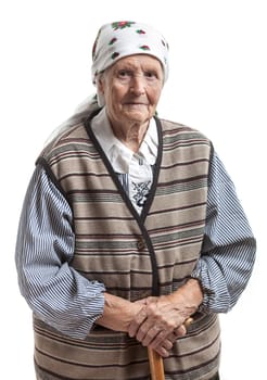 Portrait of a smiling senior woman looking at the camera. Over white background.