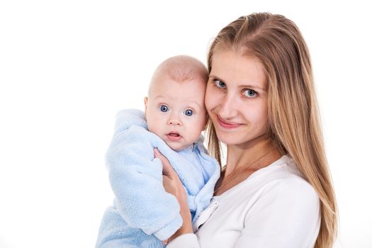 Happy young Caucasian woman and her baby son over white