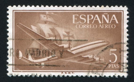 SPAIN - CIRCA 1955: stamp printed by Spain, shows plane and ship, circa 1955