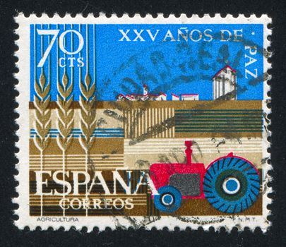 SPAIN - CIRCA 1964: stamp printed by Spain, shows  Tractor, Fields, Aer, circa 1964