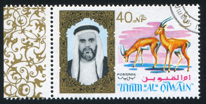 UMM AL-QUWAIN - CIRCA 1972: stamp printed by Umm al-Quwain, shows Sheikh and Antelope, circa 1972