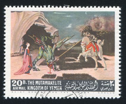 YEMEN - CIRCA 1968: stamp printed by Yemen, shows Saint George and the Dragon by Ucello, circa 1968