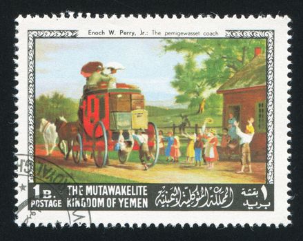 YEMEN - CIRCA 1968: stamp printed by Yemen, shows The Pemigewasset coach by Enoch Perry, circa 1968