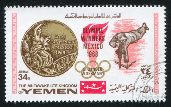 YEMEN - CIRCA 1968: stamp printed by Yemen, shows Olympic medal and B.Klinger, circa 1968