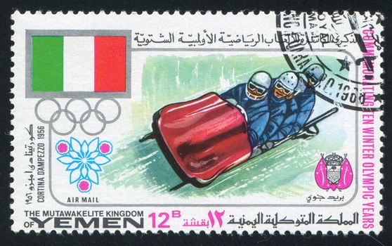 YEMEN - CIRCA 1968: stamp printed by Yemen, shows Cortina Amprezzo and Bobsleigh, circa 1968