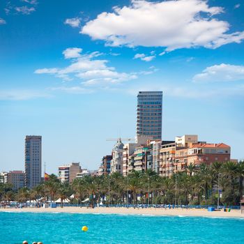 Alicante Playa el Postiguet beach downtown and Esplanada palm trees in Spain