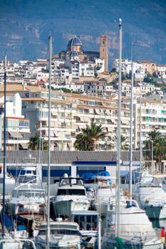 Altea village in alicante with marina boats foreground at Spain Valencian Community