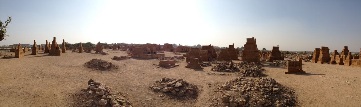 Panoramic view of an ancient cemetery of the 15th Century, in Sindh, Pakistan