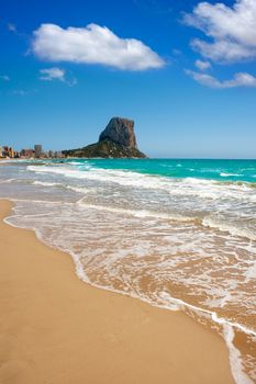 Calpe Alicante Arenal Bol beach with Penon de Ifach mountain in Mediterranean sea of Spain