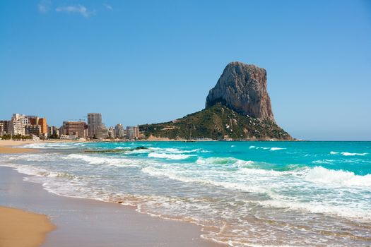 Calpe Alicante Arenal Bol beach with Penon de Ifach mountain in Mediterranean sea of Spain