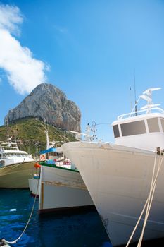 Calpe Alicante fisherboats with Penon de Ifach in Mediterranean Spain