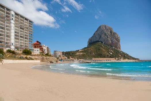 Calpe Alicante Arenal Bol beach with Penon de Ifach mountain in Mediterranean sea of Spain