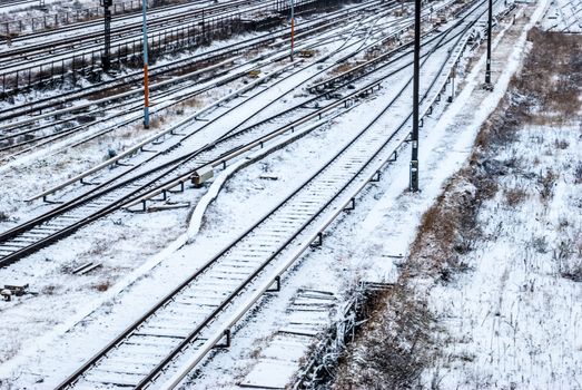 railroad tracks covered with snow in the winter