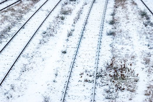 railroad tracks covered with snow in the winter