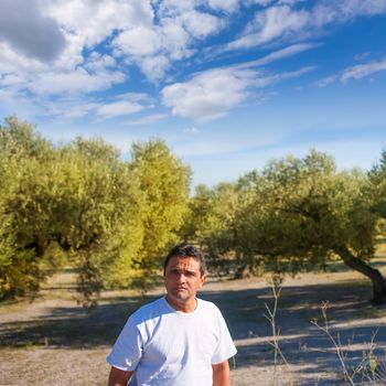 latin farmer in Mediterranean Olive tree field of Spain