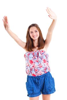 Portrait happy teenage girl. Isolated over white background.