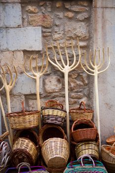 Traditionals baskets and cereal wooden forks in Maestrazgo of Castellon spain