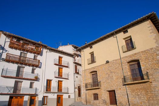 Morella in Maestrazgo castellon village facades at Spain