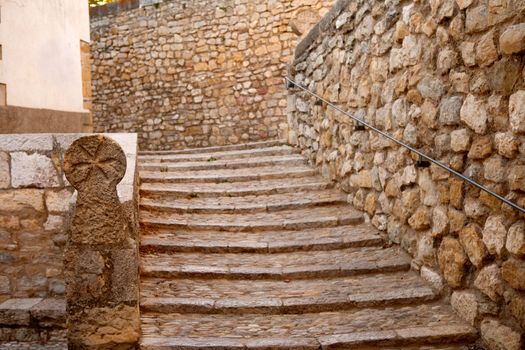 Morella in Maestrazgo castellon village masonry stairs at Spain