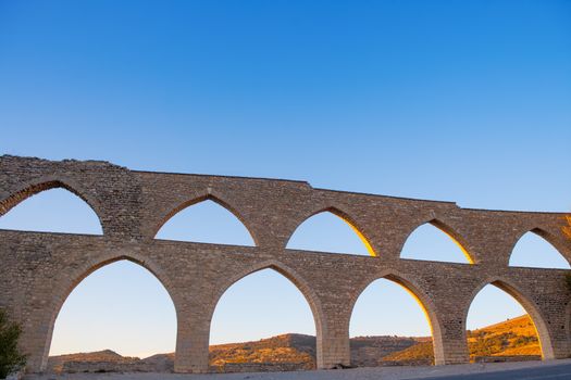 Morella aqueduct in Castellon Maestrazgo at Spain blue sky