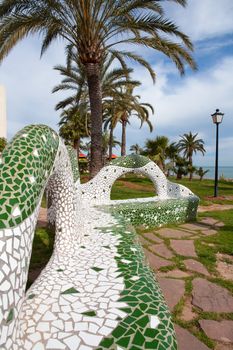 Oropesa del Mar Castellon gardens in the beach with tiles mosaic bench Spain