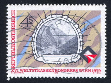 AUSTRIA - CIRCA 1979: stamp printed by Austria, shows View of Stanz Valley through East Portal of Arlberg Tunnel, circa 1979