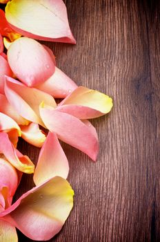 Border of Pink White Rose Petals with Droplets closeup on Wooden background