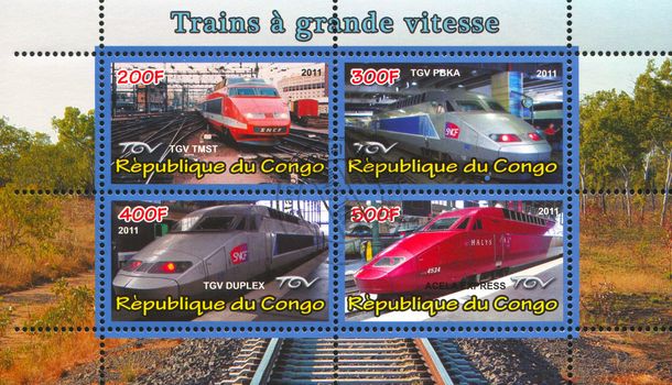 CONGO - CIRCA 2011: stamp printed by Congo, shows modern train, circa 2011