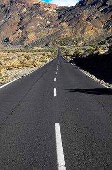 Desert Lonely Road Landscape in Volcan Teide National Park, Tenerife, Canary Island, Spain