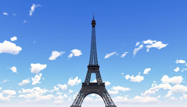 The Eiffel Tower pictured against the cloudy blue sky with no buildings around.
