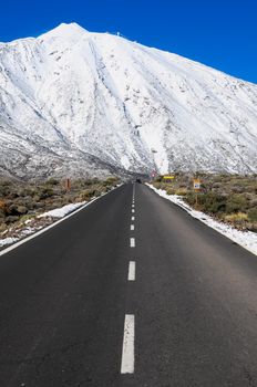 Snow Desert Lonely Road Landscape in Volcan Teide National Park, Tenerife, Canary Island, Spain