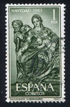 SPAIN - CIRCA 1963: stamp printed by Spain, shows Holy Family by Alonso Berruguete, circa 1963