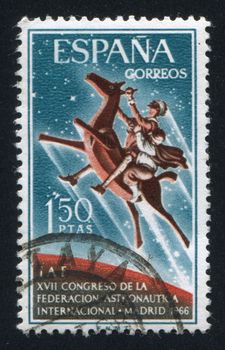 SPAIN - CIRCA 1966: stamp printed by Spain, shows Don Quixote and Sancho Panza on Clavileno, circa 1966