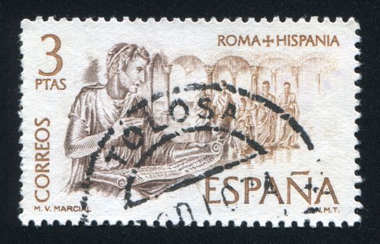 SPAIN - CIRCA 1974: stamp printed by Spain, shows Marcus Valerius Martial lecturing, circa 1974