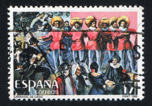 SPAIN - CIRCA 1986: stamp printed by Spain, shows Masquerade, 19th Century, by F. Hohenleiter, circa 1986