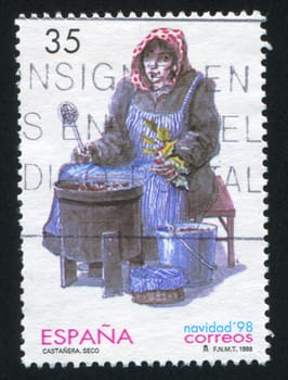 SPAIN - CIRCA 1998: stamp printed by Spain, shows Chestnut Seller, by Rafael Seco, circa 1998