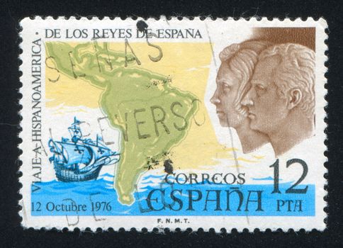 SPAIN - CIRCA 1976: stamp printed by Spain, shows Visit of King Juan Carlos I and Queen Sofia to the Americas, circa 1976