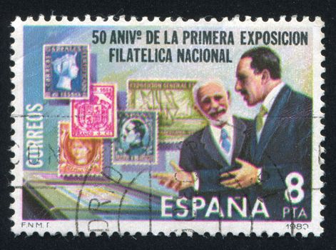 SPAIN - CIRCA 1980: stamp printed by Spain, shows First National Stamp Exhibition, Barcelona, circa 1980