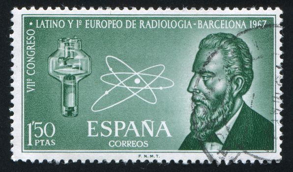 SPAIN - CIRCA 1967: stamp printed by Spain, shows W. K. Roontgen, X-ray Tube and Atom, circa 1967