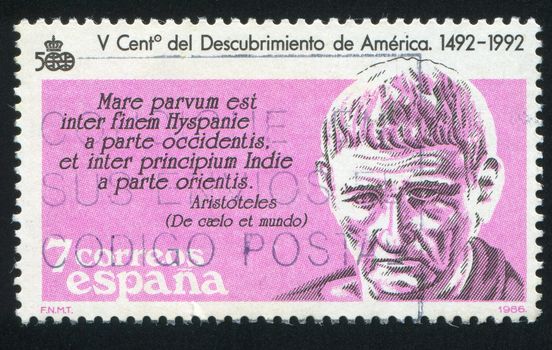 SPAIN - CIRCA 1986: stamp printed by Spain, shows Aristotle, text from De Cielo et Mundo, circa 1986.