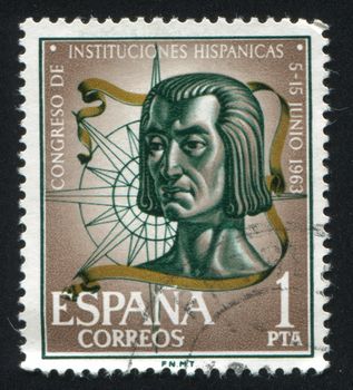SPAIN - CIRCA 1963: stamp printed by Spain, shows Columbus and compass rose, circa 1963